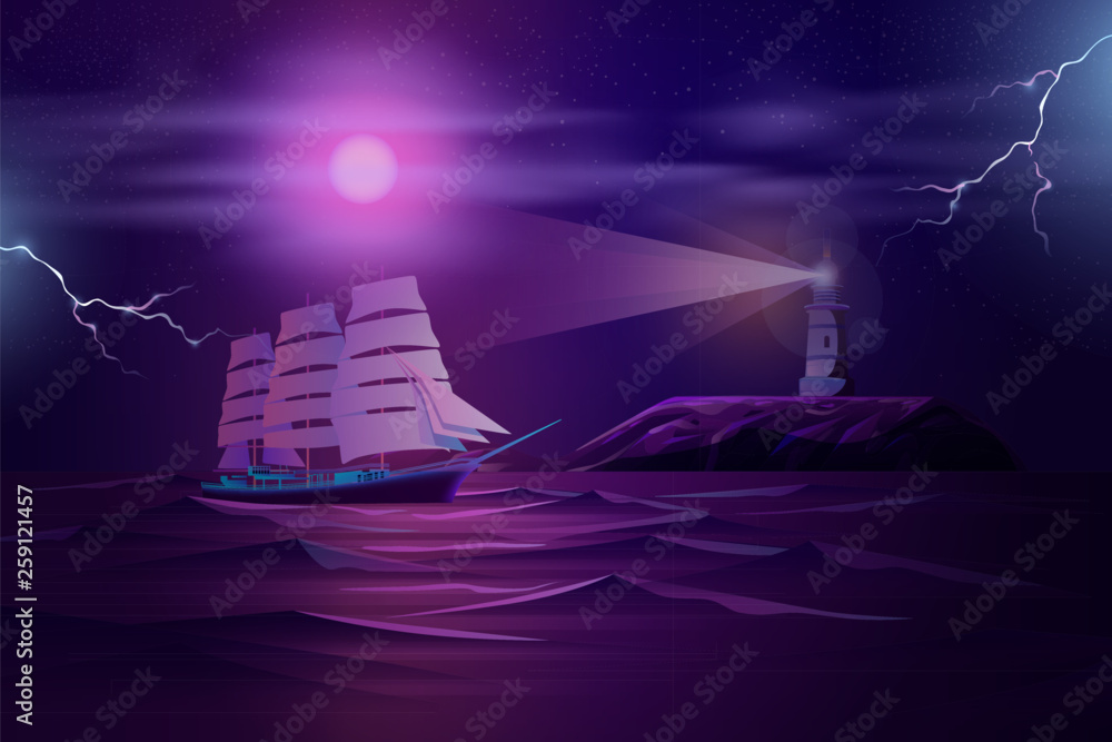 Retro sailing ship, old frigate or yacht sails at night in stormy sea or  ocean near rocky shore with working lighthouse cartoon vector illustration.  Maritime navigation in dangerous waters concept Stock Vector |