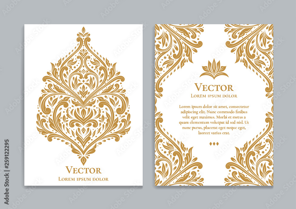 Gold and white vintage greeting card design. Luxury vector ornament template. Great for invitation, flyer, menu, brochure, postcard, background, wallpaper, decoration, packaging or any desired idea.