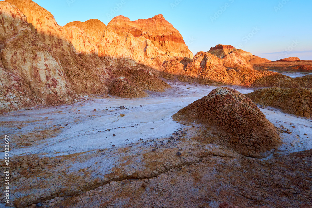 Colored chalk formations in Akzhar mountains. Geological museum under an open sky. Colored chalk mountains in Kazakhstan.