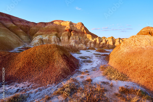 Colored chalk formations in Akzhar mountains. Geological museum under an open sky. Colored chalk mountains in Kazakhstan. photo