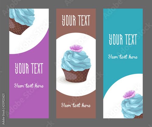Set of corporate style with chocolate dessert. Template vertical bright narrow banners for restaurant, cafe or pastry shop, sponge cake with cream on white napkin with place for text