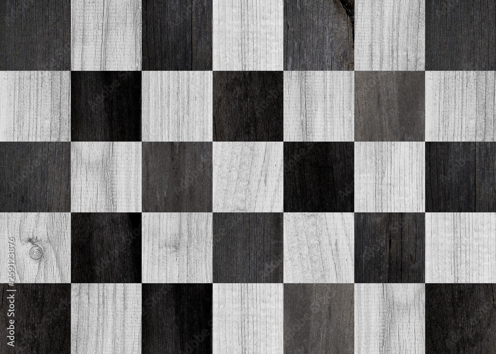 Fototapeta premium Black and white parquet with chess pattern. Texture of wooden boards. Composition of boards for wall decoration. Wooden planks, oak, for flooring. Wood texture for background.