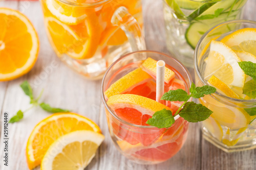 Infused water with fresh citrus fruits and ice
