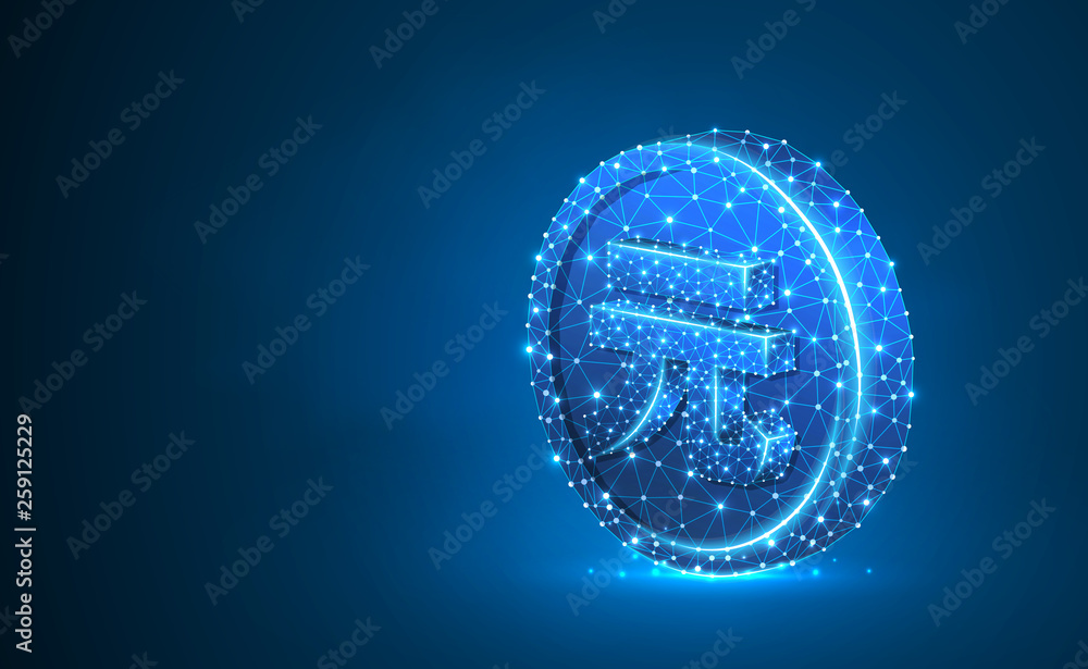 China Yuan. Golden Coin 3d illustration. Neon Polygonal Vector business, money, finance, cash, circle concept. Low poly wireframe, triangle, lines, dots, polygons. Blue background. RGB color mode China Yuan. Golden Coin 3d illustration. Neon Polygonal Vector business, money, finance, cash, circle concept. Low poly wireframe, triangle, lines, dots, polygons. Blue background. RGB color mode