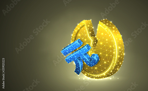 Broken China Yuan. Golden Coin colorful 3d illustration. Polygonal Vector business, money, unstable finance, crash, broken circle concept. Low poly wireframe, triangle, lines, dots, polygons