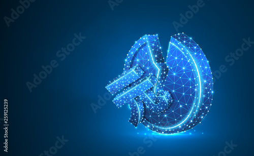 Broken China Yuan Coin Neon 3d illustration. Polygonal Vector business, money, unstable finance, crash, broken circle concept. Low poly wireframe, triangle, lines, dots, polygons. Blue background