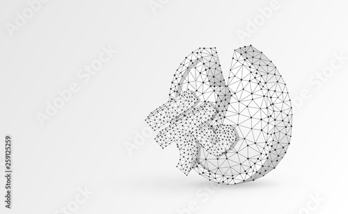 Broken China Yuan Coin Origami 3d illustration. Polygonal Vector business, money, unstable finance, crash, broken circle concept. Low poly wireframe, triangle, lines, dots, polygons. White background