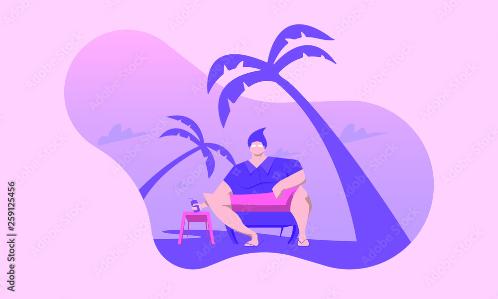 The man sits holding a tropical drink on the beach with palm trees behind him. flat cartoon illustration. summer event poster