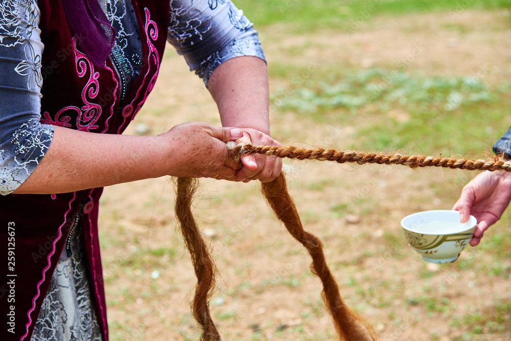Woman weaving wool rope. Nomadic cattle breeding. Wool rope weaving. Lasso weaving. Kazakhstan. Asia.