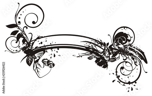 Vintage banner in black and white colors. Splattered floral retro curled ribbon for your design. Vector ornate template