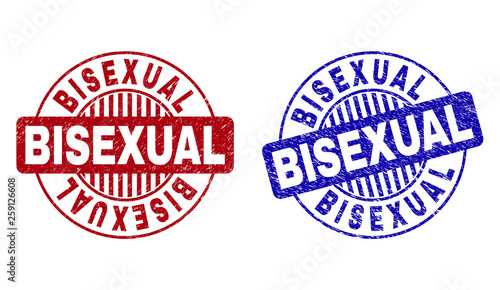 Grunge BISEXUAL round stamp seals isolated on a white background. Round seals with grunge texture in red and blue colors. Vector rubber imitation of BISEXUAL label inside circle form with stripes.