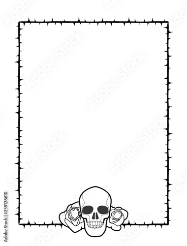 Frame of thorns with two roses and a skull on its bottom, isolated on white background.