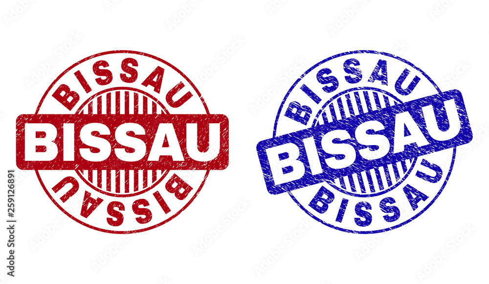Grunge BISSAU round stamp seals isolated on a white background. Round seals with grunge texture in red and blue colors. Vector rubber imitation of BISSAU label inside circle form with stripes. Grunge BISSAU round stamp seals isolated on a white background. Round seals with grunge texture in red and blue colors. Vector rubber imitation of BISSAU label inside circle form with stripes.