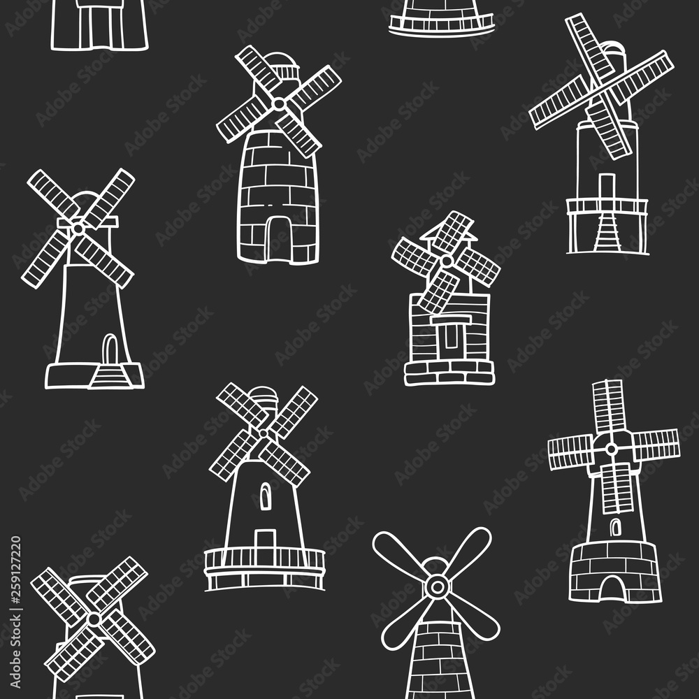 Drawings of Windmills Seamless Vector Pattern