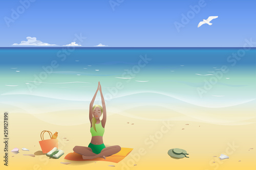 Slender girl on the beach doing yoga