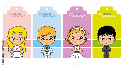 first communion tag set. Girls and boys praying