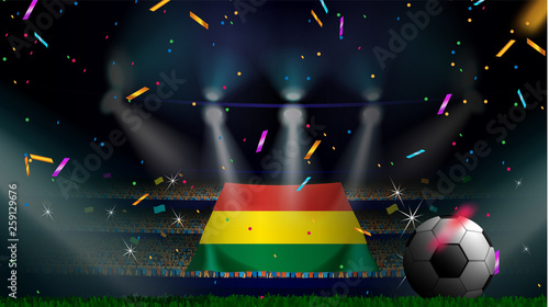 Fans hold the flag of Bolivia among silhouette of crowd audience in soccer stadium with confetti to celebrate football game. Concept design for football result template