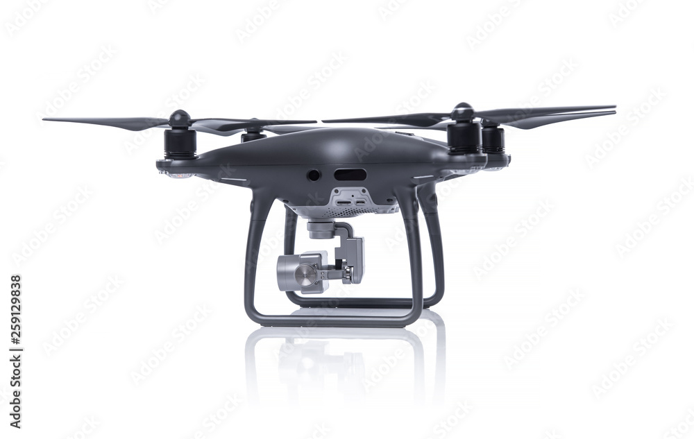 Black drone with camera isolated on white background. Quadcopter for flying and shooting 4K UHD video and photos.