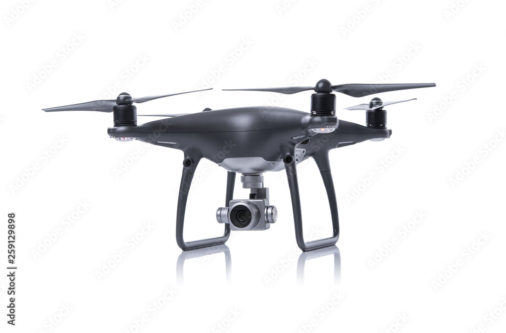 Black drone with camera isolated on white background. Quadcopter for flying and shooting 4K UHD video and photos. Black drone with camera isolated on white background. Quadcopter for flying and shooting 4K UHD video and photos.