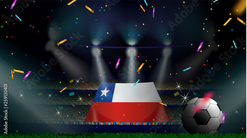 Fans hold the flag of Chile among silhouette of crowd audience in soccer stadium with confetti to celebrate football game. Concept design for football result template