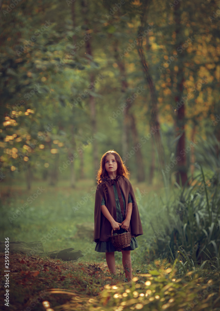 Girl in cape in the summer forest