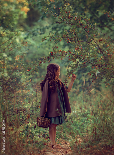 Girl in cape in the summer forest