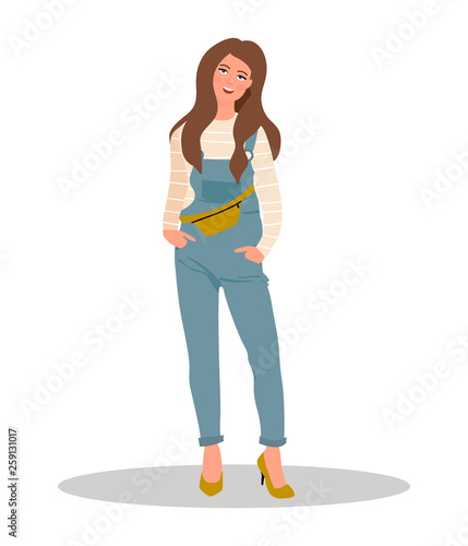 Beautiful girl in jeans overall.Pretty girl in denim overalls. Vector Illustration