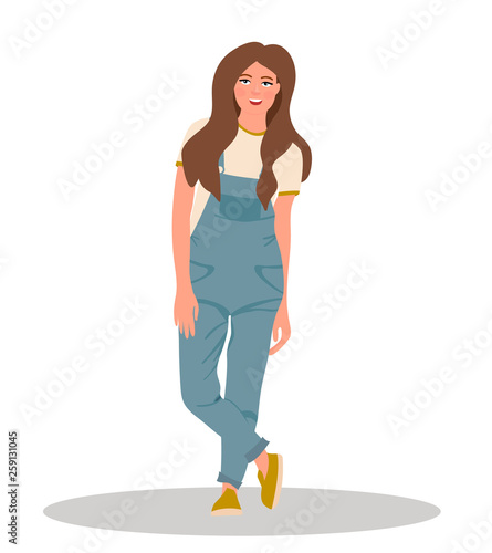 Beautiful girl in jeans overall.Pretty girl in denim overalls. Vector Illustration