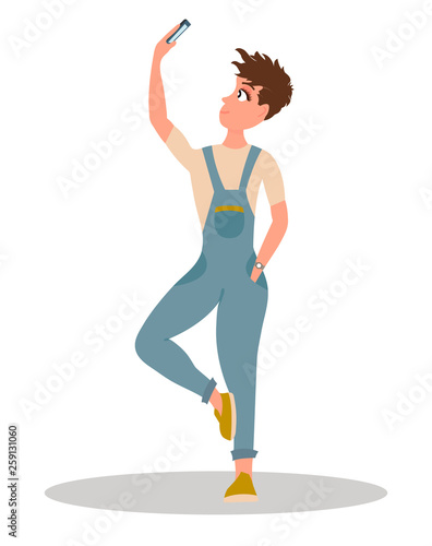 Young girl is checking own smartphone. Beautiful girl in jeans overall.Pretty girl in denim overalls. Vector Illustration
