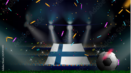 Fans hold the flag of Finland among silhouette of crowd audience in soccer stadium with confetti to celebrate football game. Concept design for football result template