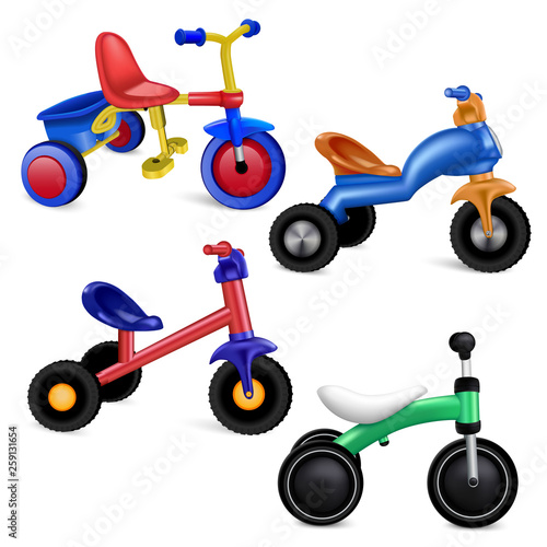 Tricycle icons set. Realistic set of tricycle vector icons for web design isolated on white background