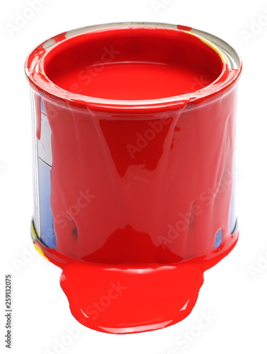 Open red paint can isolated on white background