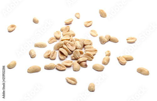 Salted and marinated peanuts, pile isolated on white