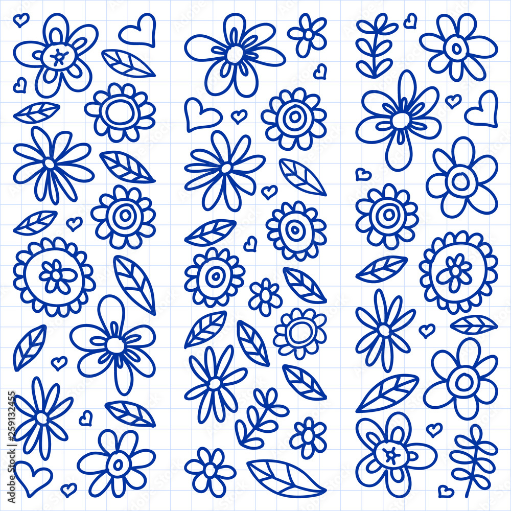 Vector set of child drawing flowers icons in doodle style. Painted, drawn with a pen, on a sheet of checkered paper on a white background.