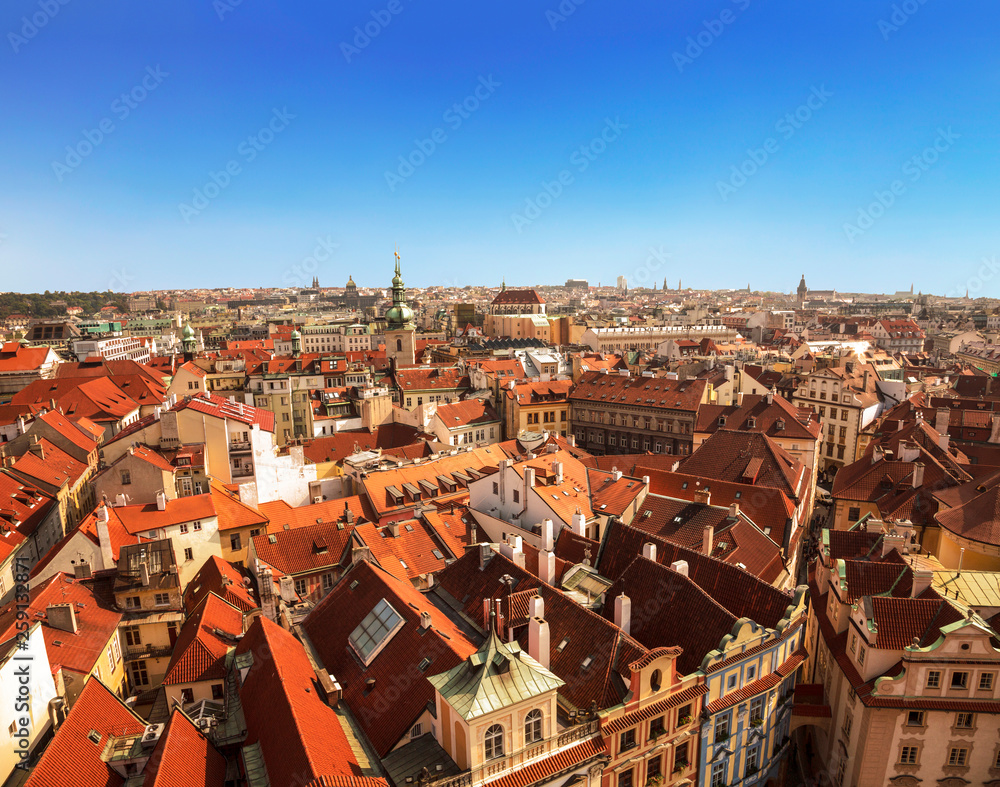 Panorama of Prague downtown with red roofs. Top view