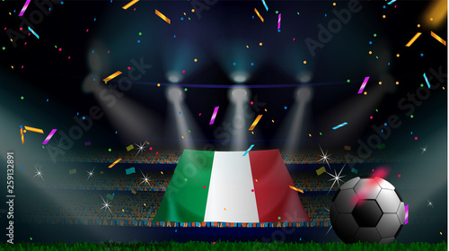 Fans hold the flag of Italy among silhouette of crowd audience in soccer stadium with confetti to celebrate football game. Concept design for football result template