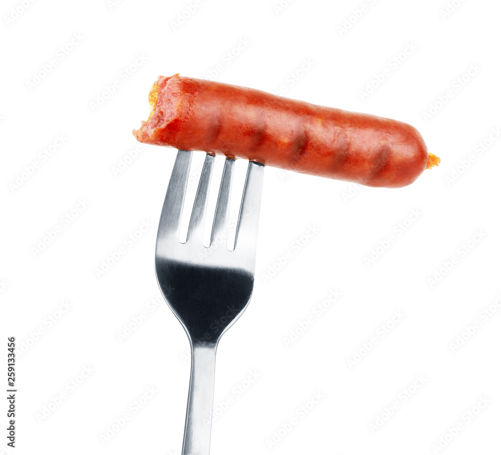 Delicious sausage on a fork, isolated on white background Delicious sausage on a fork, isolated on white background