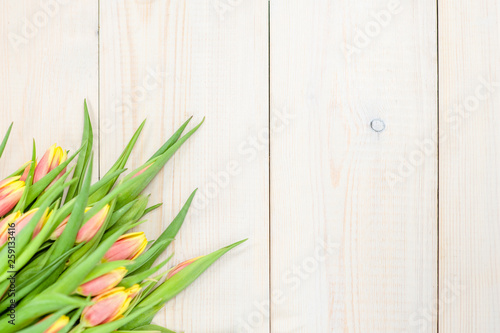 Tulips on light wooden background. Backdrop with empty space for text. Top view. Floral mock up concept
