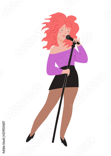 Singer. Girl holds the microphone and sings. Lilac jacket, black miniskirt, scarlet hair. Expressional woman. Character illustration isolated on white background. People vector illustration in flat.