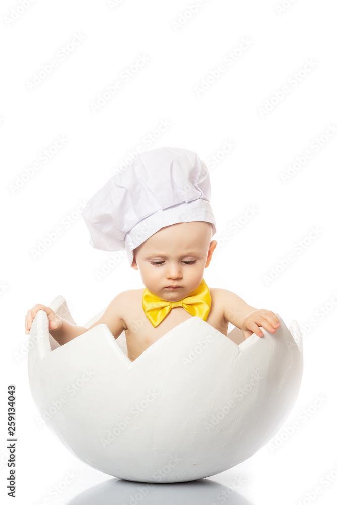 Cute little boy with with a yellow butterfly in Easter egg. Little Chef. white background. baby in egg shell Cute little boy with with a yellow butterfly in Easter egg. Little Chef. white background. baby in egg shell