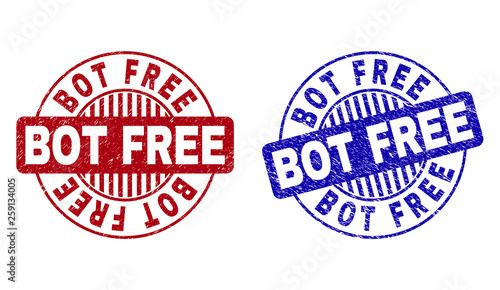 Grunge BOT FREE round stamp seals isolated on a white background. Round seals with grunge texture in red and blue colors. Vector rubber overlay of BOT FREE label inside circle form with stripes.