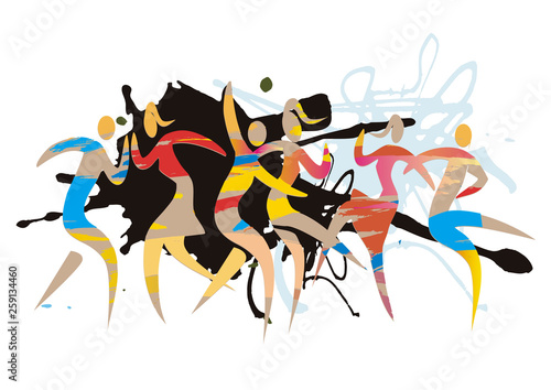  Wild disco party, modern dance. Expressive, abstract stylized illustration of dancing people. Isolated on white background. Vector available.