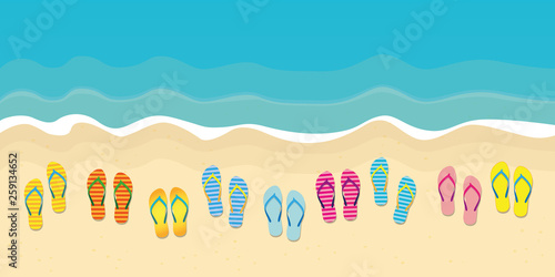 many colorful flip flops on the beach summer holiday design vector illustration EPS10