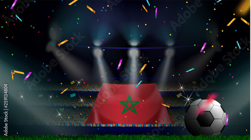 Fans hold the flag of Morocco among silhouette of crowd audience in soccer stadium with confetti to celebrate football game. Concept design for football result template