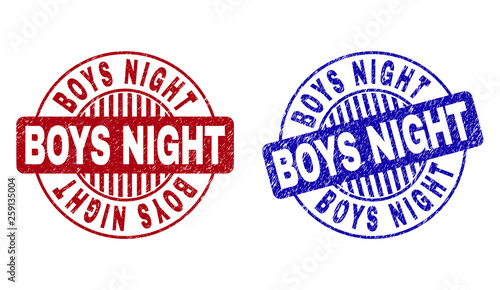 Grunge BOYS NIGHT round stamp seals isolated on a white background. Round seals with grunge texture in red and blue colors. Vector rubber imprint of BOYS NIGHT label inside circle form with stripes.