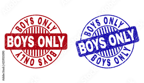 Grunge BOYS ONLY round stamps isolated on a white background. Round seals with grunge texture in red and blue colors. Vector rubber watermark of BOYS ONLY tag inside circle form with stripes.