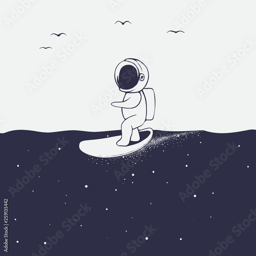 astronaut rides on surfboard on space sea