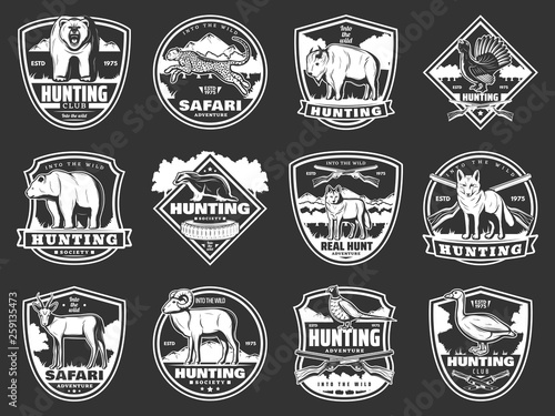 Animals hunting club, hunt open season icons