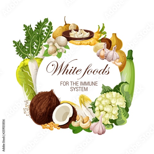 Color diet, white food nutrition veggies and nuts