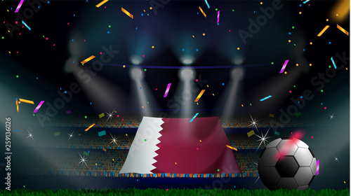 Fans hold the flag of Qatar among silhouette of crowd audience in soccer stadium with confetti to celebrate football game. Concept design for football result template